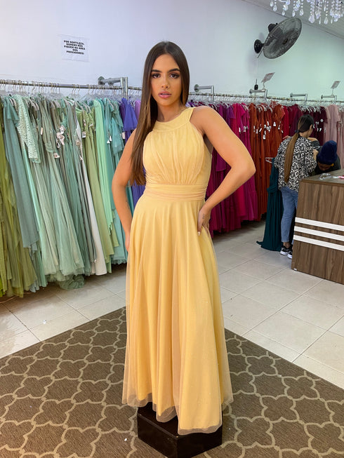 VESTIDO DE GOLA TULE TRABALHADO